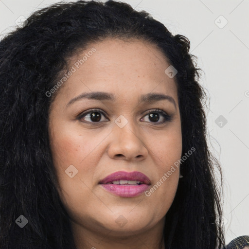 Joyful latino young-adult female with long  brown hair and brown eyes