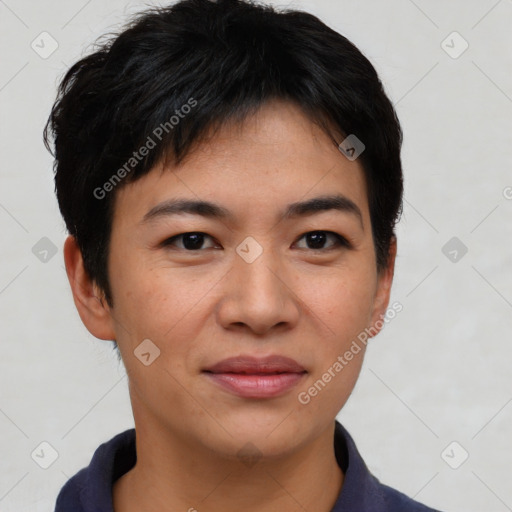 Joyful asian young-adult female with short  brown hair and brown eyes