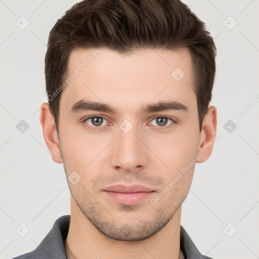 Neutral white young-adult male with short  brown hair and brown eyes