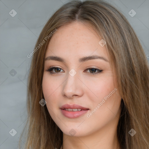 Neutral white young-adult female with long  brown hair and brown eyes