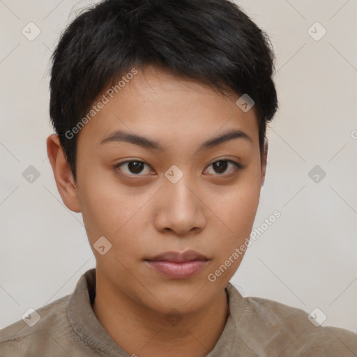 Neutral asian young-adult female with short  brown hair and brown eyes