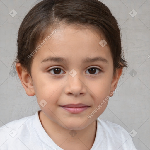 Joyful white child female with medium  brown hair and brown eyes