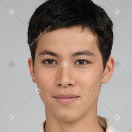 Neutral white young-adult male with short  brown hair and brown eyes