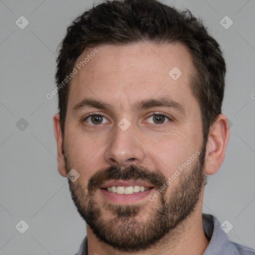 Joyful white young-adult male with short  brown hair and brown eyes