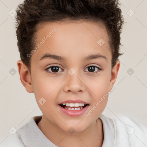 Joyful white child female with short  brown hair and brown eyes