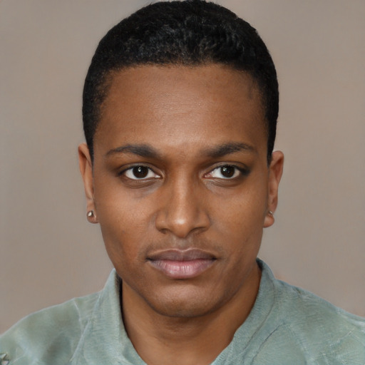 Neutral black young-adult male with short  black hair and brown eyes