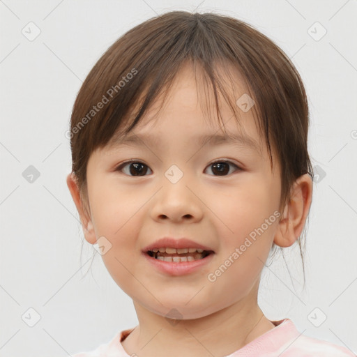 Joyful white child female with medium  brown hair and brown eyes