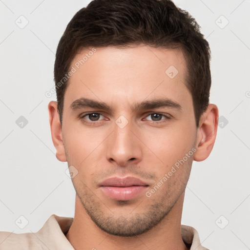 Neutral white young-adult male with short  brown hair and brown eyes