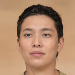 Neutral asian young-adult male with short  brown hair and brown eyes