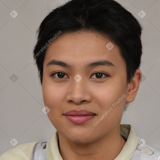 Joyful asian young-adult female with short  brown hair and brown eyes