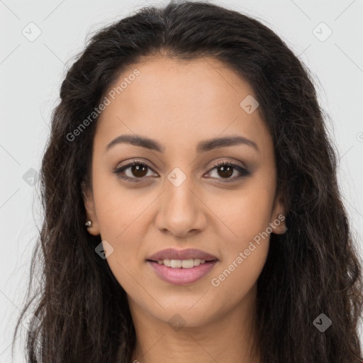 Joyful latino young-adult female with long  brown hair and brown eyes