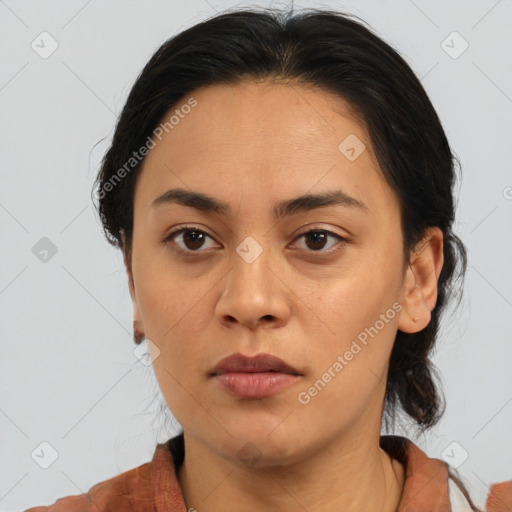 Neutral asian young-adult female with medium  brown hair and brown eyes