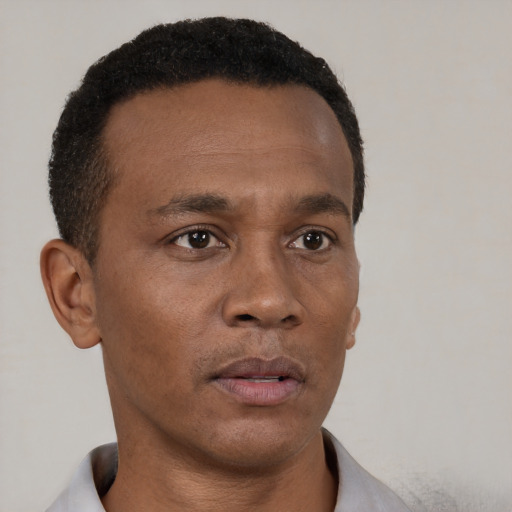 Neutral black young-adult male with short  brown hair and brown eyes