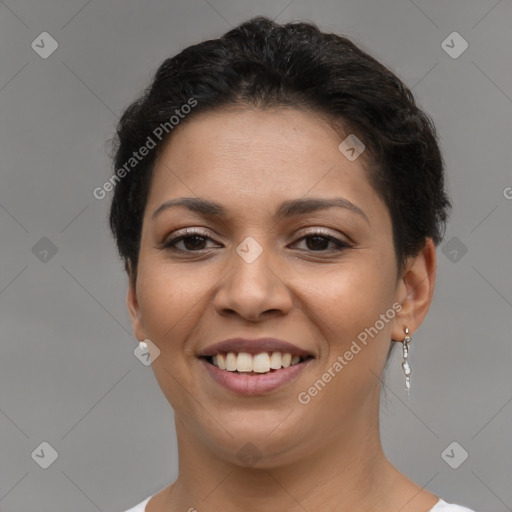 Joyful latino young-adult female with short  brown hair and brown eyes