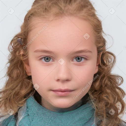 Neutral white child female with medium  brown hair and blue eyes