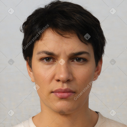 Neutral white young-adult female with short  brown hair and brown eyes