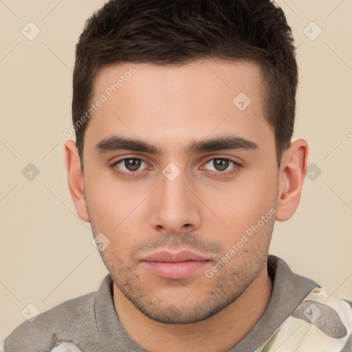 Neutral white young-adult male with short  brown hair and brown eyes