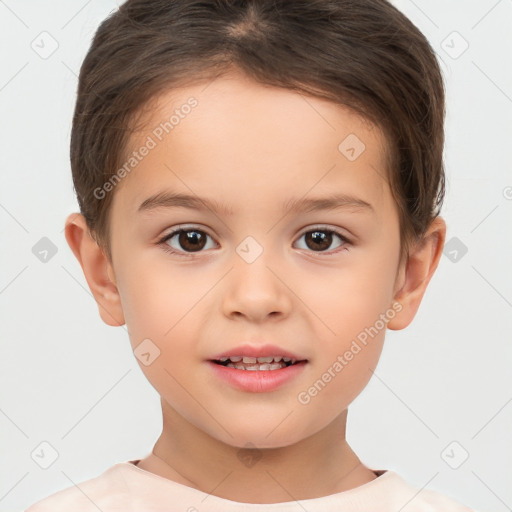 Joyful white child female with short  brown hair and brown eyes