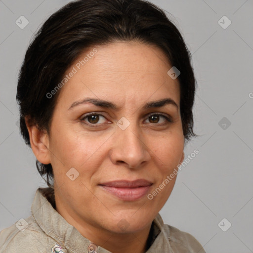 Joyful white adult female with medium  brown hair and brown eyes