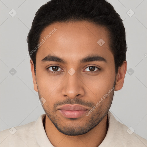 Neutral latino young-adult male with short  black hair and brown eyes