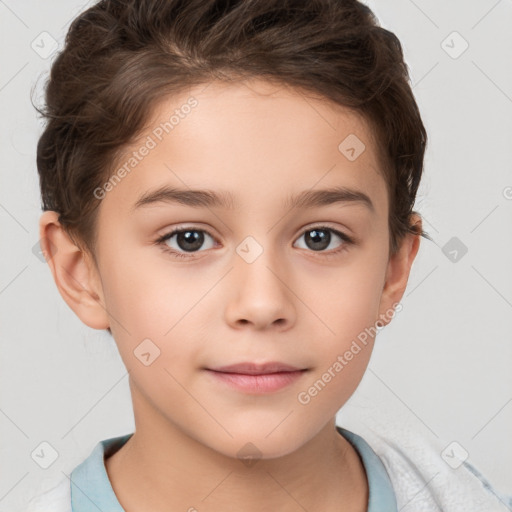 Joyful white child female with short  brown hair and brown eyes