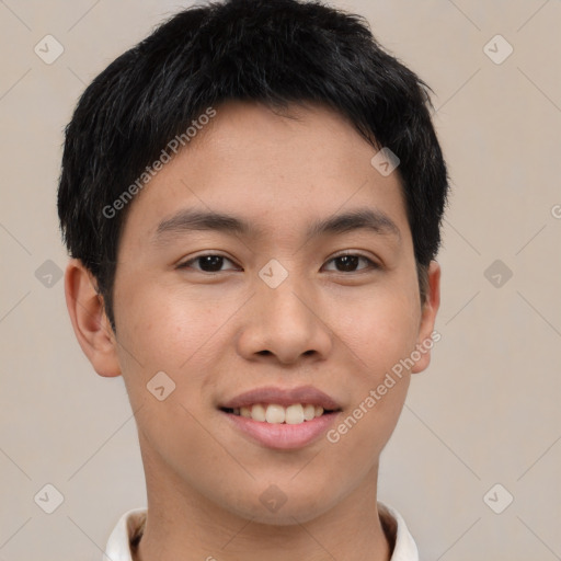 Joyful asian young-adult male with short  brown hair and brown eyes