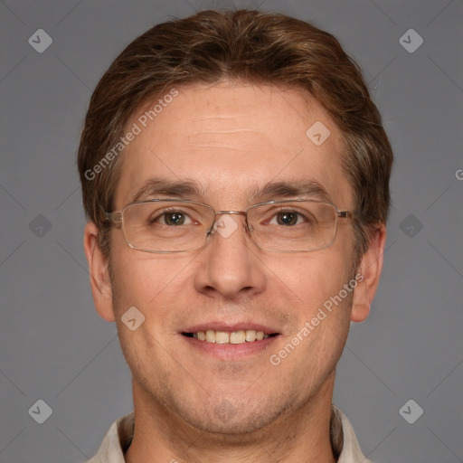 Joyful white adult male with short  brown hair and grey eyes