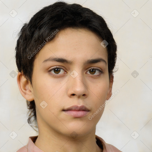 Neutral white young-adult female with short  brown hair and brown eyes