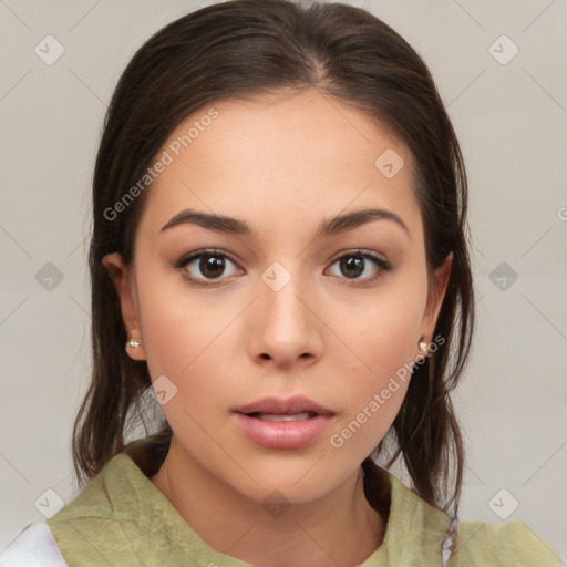 Neutral white young-adult female with medium  brown hair and brown eyes