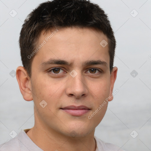 Neutral white young-adult male with short  brown hair and brown eyes