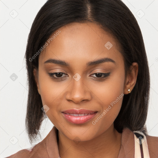 Joyful latino young-adult female with long  brown hair and brown eyes