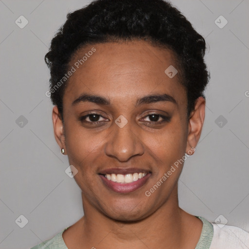 Joyful latino young-adult female with short  black hair and brown eyes