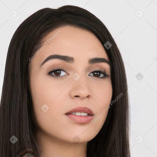 Neutral white young-adult female with long  brown hair and brown eyes