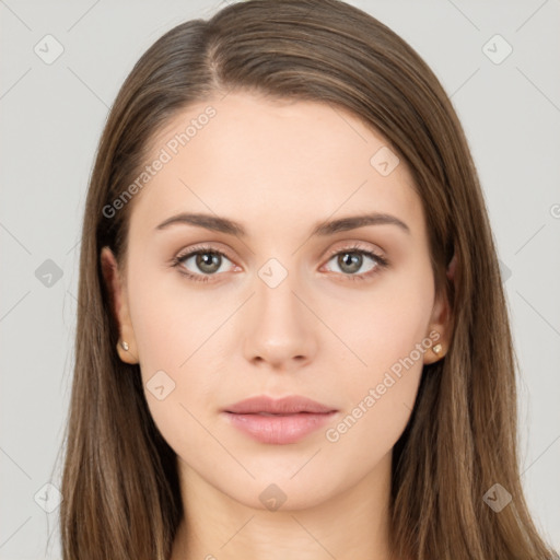 Neutral white young-adult female with long  brown hair and brown eyes