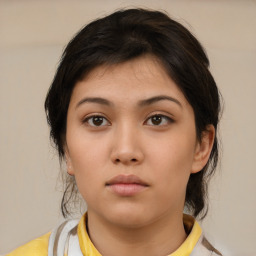 Neutral asian young-adult female with medium  brown hair and brown eyes