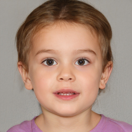 Joyful white child female with medium  brown hair and brown eyes