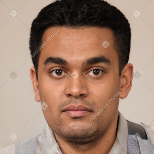 Neutral latino young-adult male with short  black hair and brown eyes