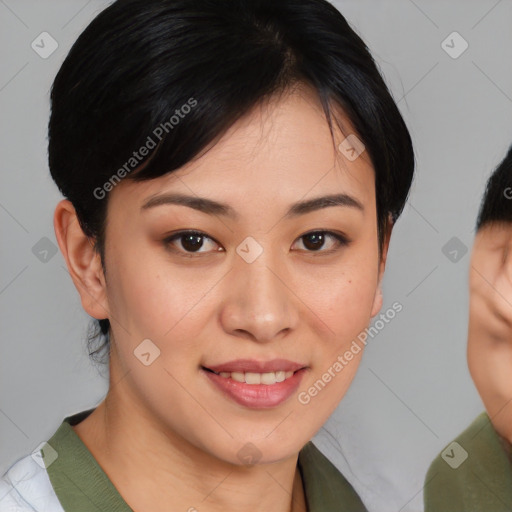 Joyful asian young-adult female with short  brown hair and brown eyes