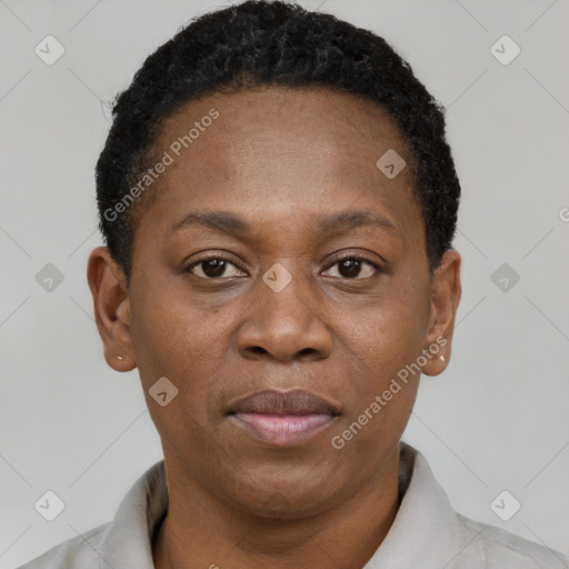 Joyful black adult female with short  brown hair and brown eyes