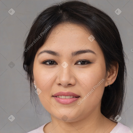 Joyful asian young-adult female with medium  brown hair and brown eyes