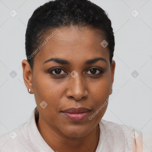 Joyful black young-adult female with short  brown hair and brown eyes