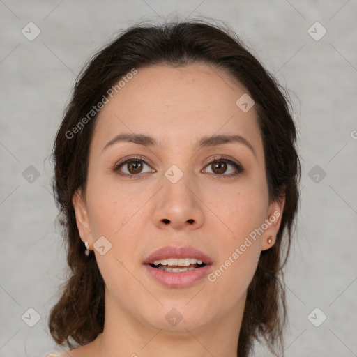 Joyful white young-adult female with medium  brown hair and brown eyes