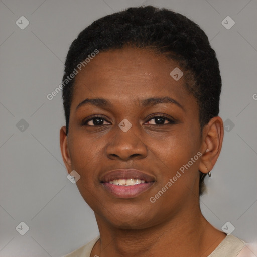 Joyful black young-adult female with short  brown hair and brown eyes