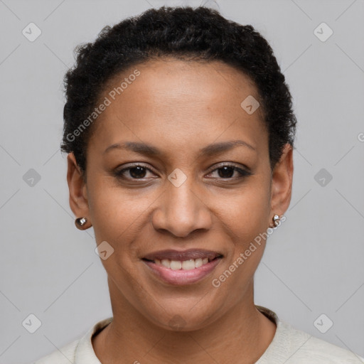 Joyful latino young-adult female with short  brown hair and brown eyes