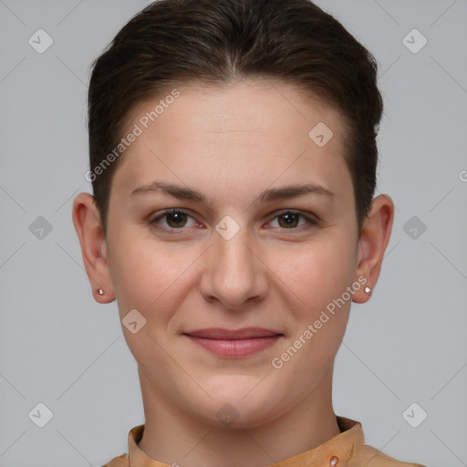 Joyful white young-adult female with short  brown hair and brown eyes