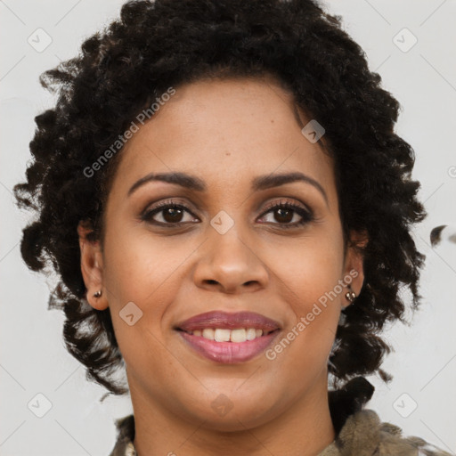 Joyful black young-adult female with medium  brown hair and brown eyes