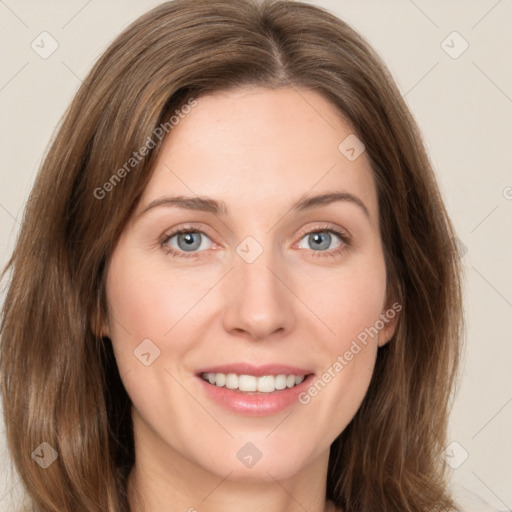 Joyful white young-adult female with medium  brown hair and green eyes