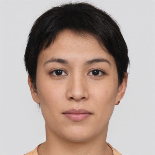 Neutral asian young-adult female with short  brown hair and brown eyes