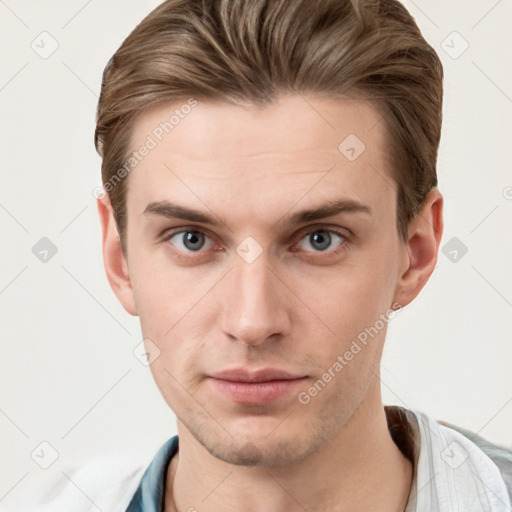 Neutral white young-adult male with short  brown hair and grey eyes