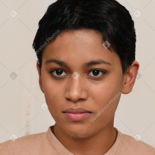 Neutral latino young-adult female with short  black hair and brown eyes